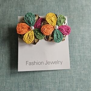 Fashion Jewelry Colorful Raffia Flower Earrings - Green, Yellow, Orange, Pink